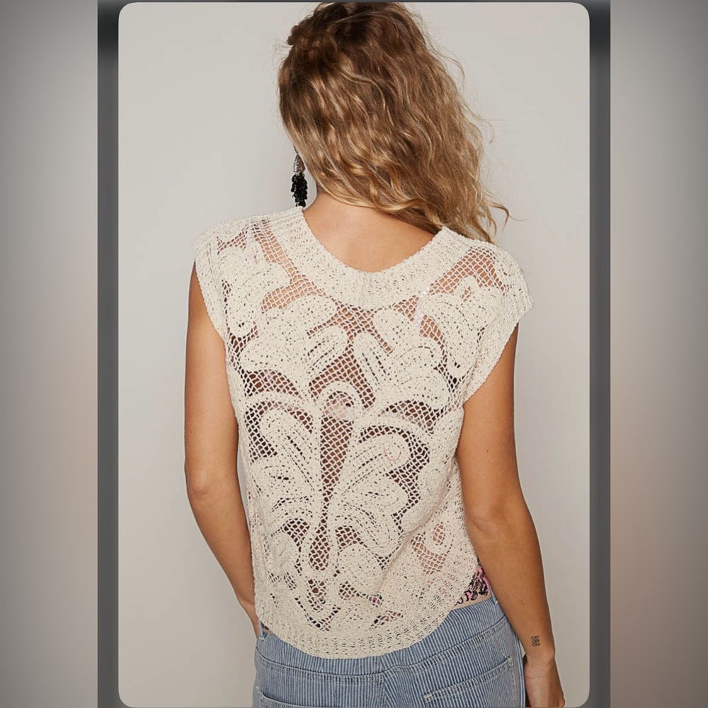 Beige Khaki POL crochet lace sleeveless boho bohemian tunic top blouse - Picture 2 of 2